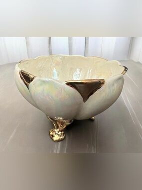 Vintage Elegant Iridescent Ceramic Bowl with Gold Accents